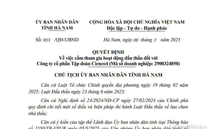 Hà Nam cấm Tập đoàn Cienco4 tham gia đấu thầu trong 4 năm