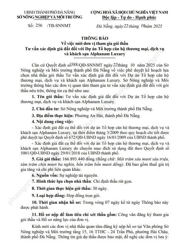 Căn cứ Quyết định số 588/QĐ-SNNMT của Sở Nông nghiệp và Môi trường thành phố Đà Nẵng về việc phê duyệt kế hoạch lựa chọn nhà thầu gói thầu Tư vấn xác định giá đất đối với Dự án Tổ hợp căn hộ thương mại, dịch vụ và khách sạn Alphanam Luxury f2e24b3178a0f5feacb1 (1)