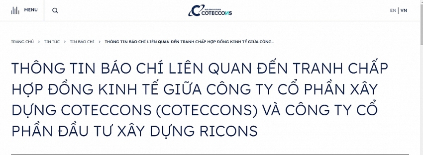 Công ty Cổ phần xây dựng Coteccons phát đi thông tin báo chí liên quan đến tranh chấp hợp đồng kinh tế giữa Coteccons và CTCP Đầu tư Xây dựng Ricons.