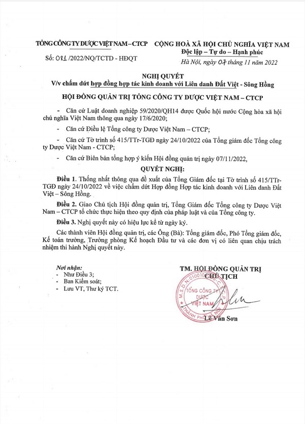 Nghị quyết của Tổng công Dược Việt Nam về chấm dứt hợp tác với Liên danh Đất Việt- Sông Hồng
