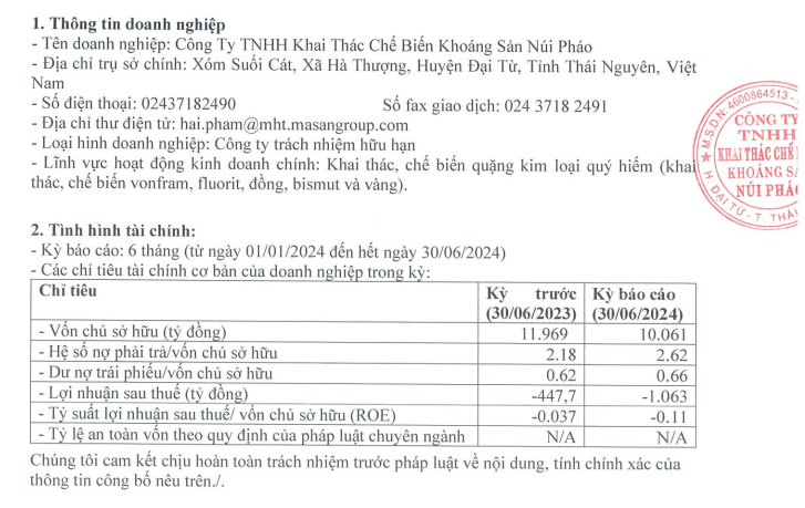 Khoáng sản Núi Pháo - thành viên Masan tiếp tục kinh doanh thua lỗ